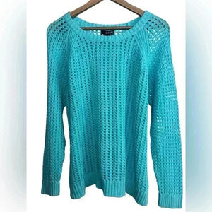 a.n.a A New Approach Women's 1X Blue Open Knit Long Sleeve Scoop Neck Sweater